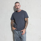 Premium Fitted Heritage Tee in Washed Black, front view on model