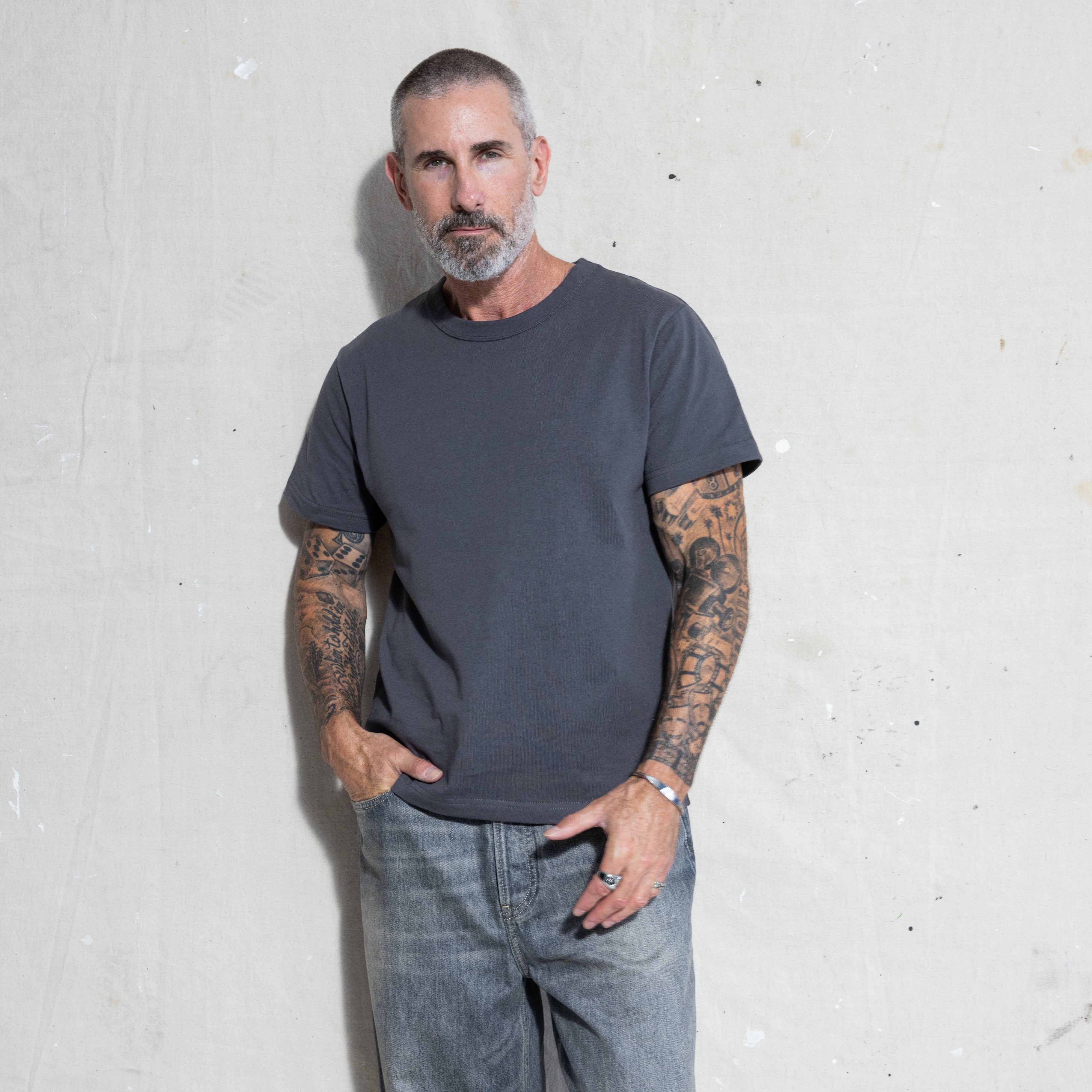 Premium Fitted Heritage Tee in Washed Black, front view on model