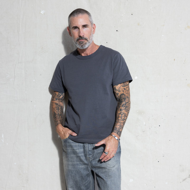 Premium Fitted Heritage Tee in Washed Black, front view on model