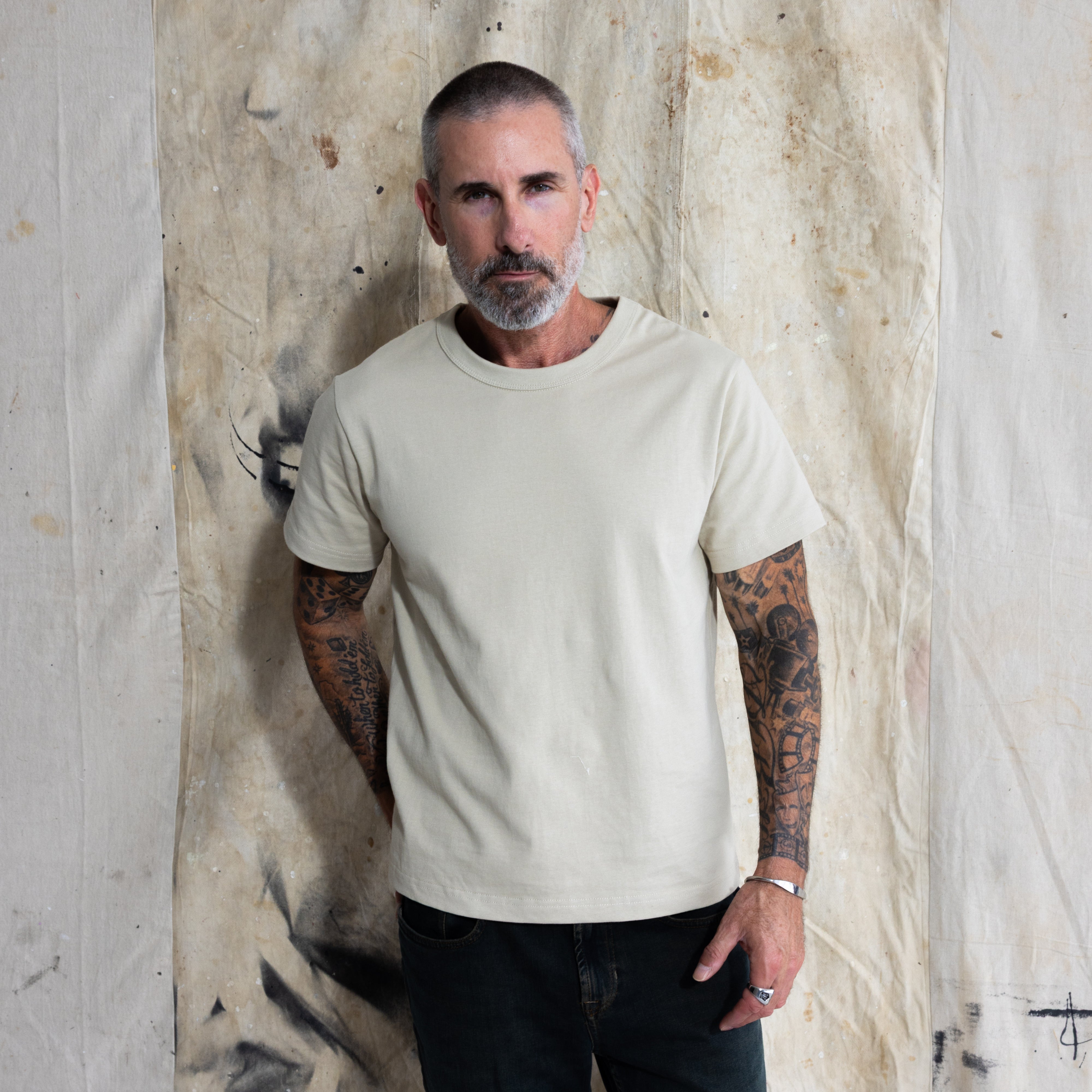 Premium Fitted Heritage Tee in Heritage Sand, front view on model