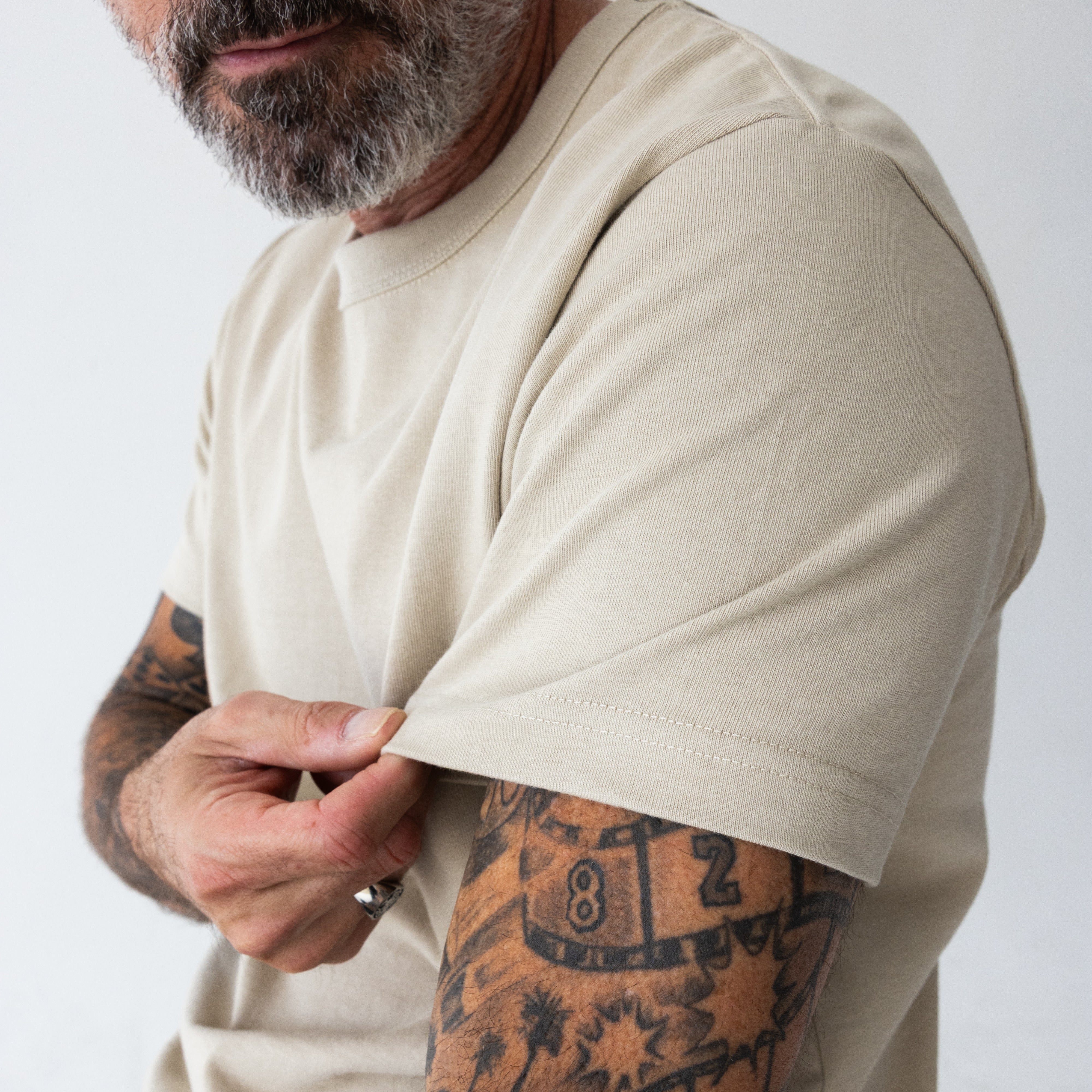 Premium Fitted Heritage Tee in Heritage Sand, sleeve detail