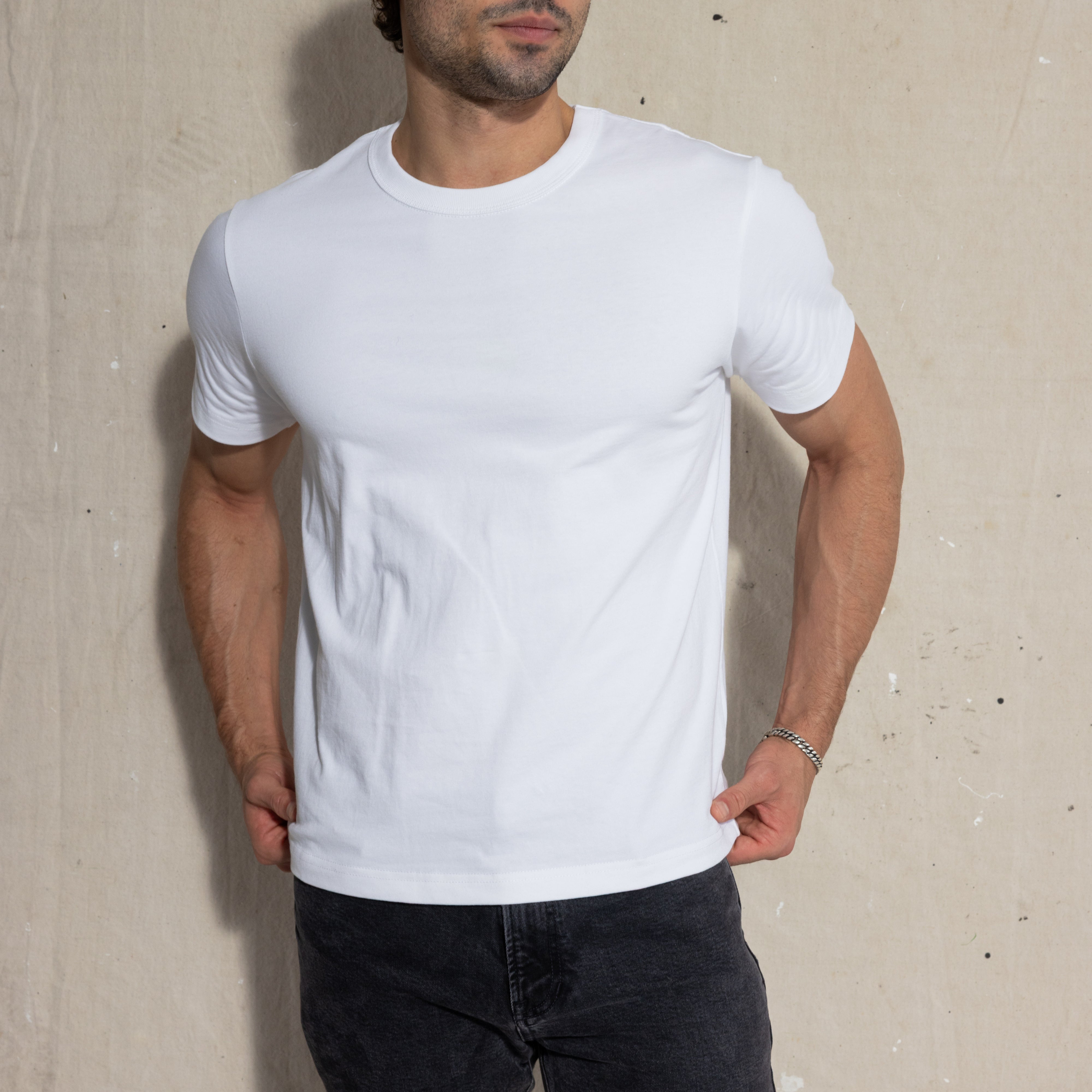 Premium Fitted Heritage Tee in Vintage White, front view on model