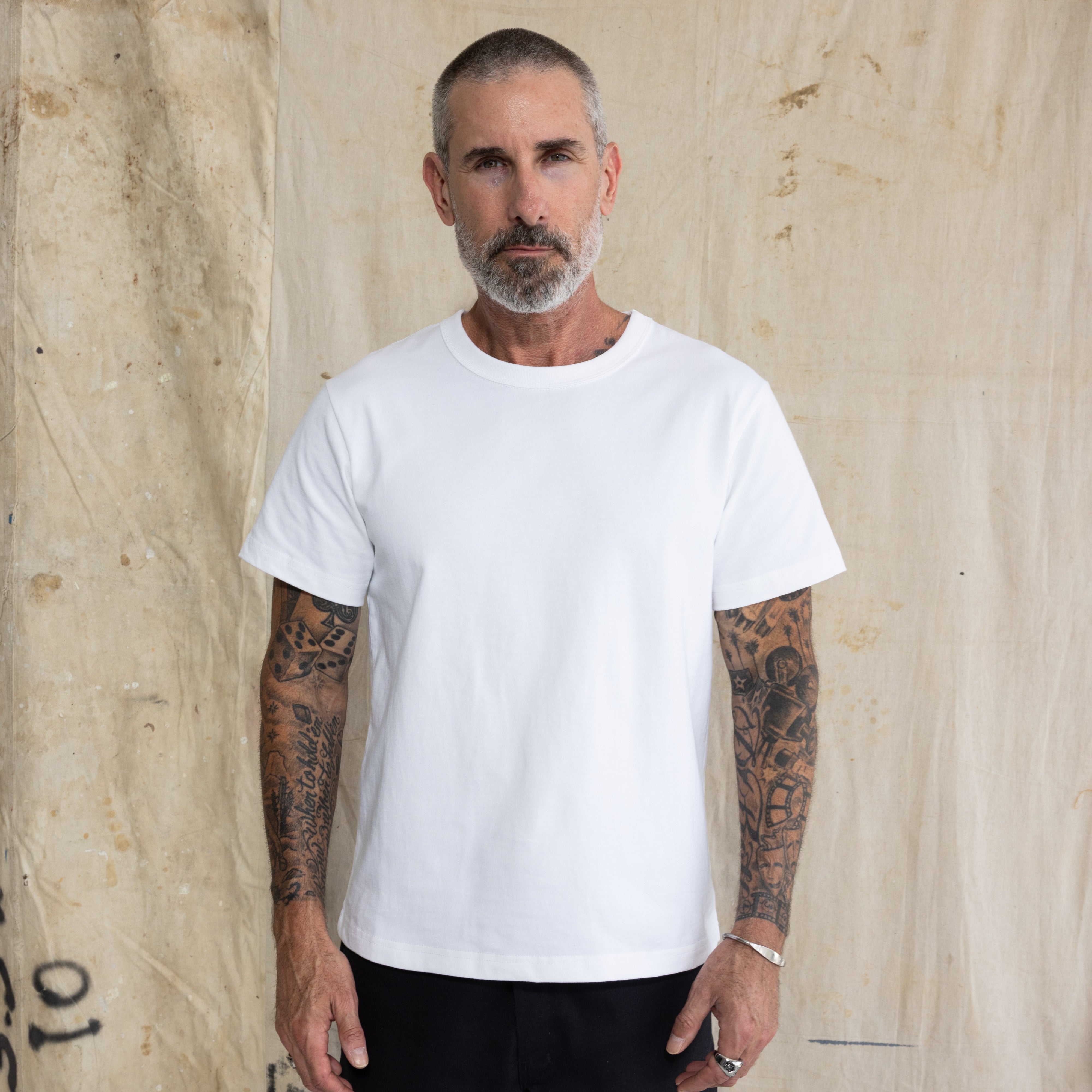 Premium Fitted Heritage Tee in Vintage White, front view on model