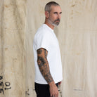 Premium Fitted Heritage Tee in Vintage White, side view on model